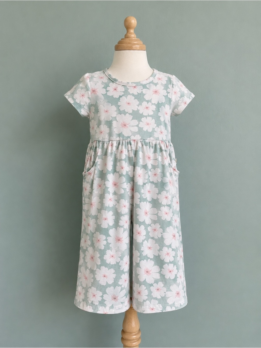 Milkberry Girls' Mint Floral Short-Sleeve Romper/Gown With Pockets